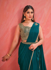Partywear Crepe Silk Georgette Light Teal Colour Saree Looking Gaudy
